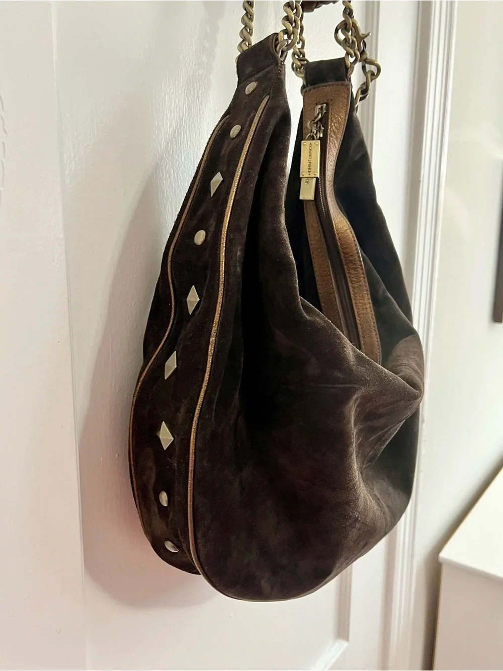 Vintage Donald J. Pliner Brown Suede Studded Hobo Bag Y2K